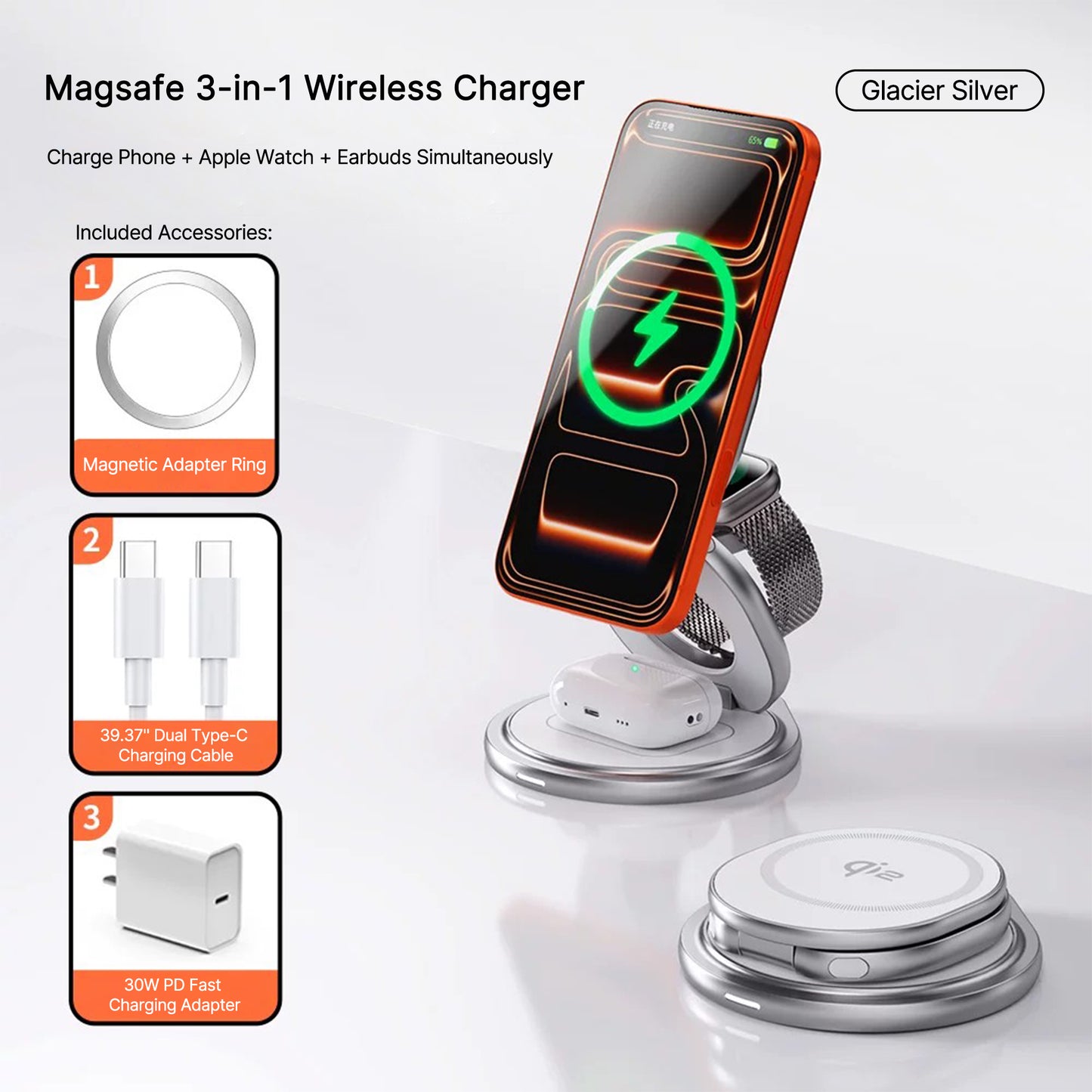 3 in 1 Foldable Magnetic Wireless Charger, Rotatable MagSafe Charging Station for iPhone, iWatch & AirPods