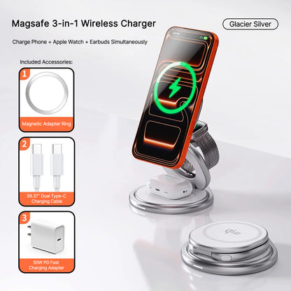 3 in 1 Foldable Magnetic Wireless Charger, Rotatable MagSafe Charging Station for iPhone, iWatch & AirPods