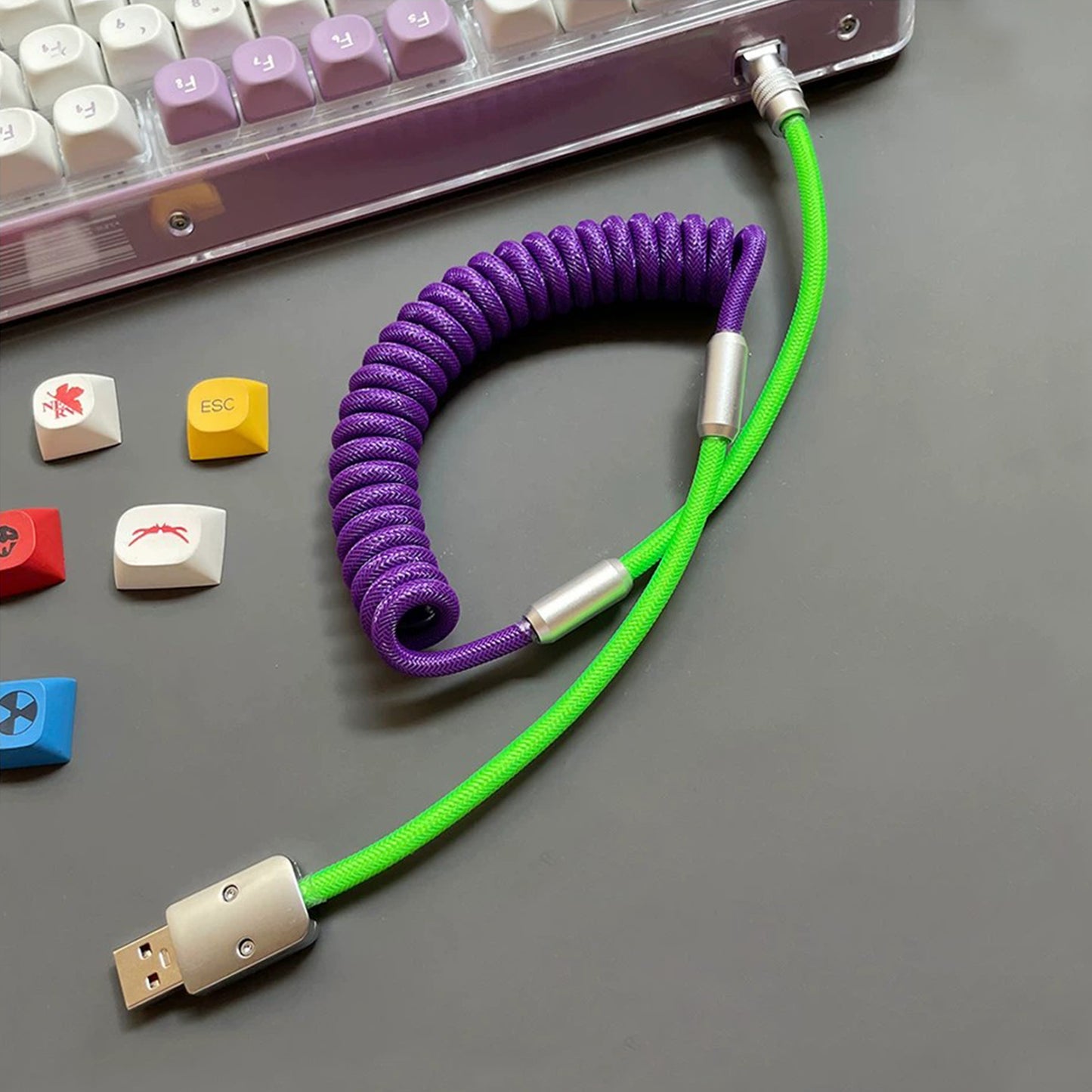 Two-Tone Coiled Braided Charging Cable, Retractable Spring Cord Supports CarPlay & CarLife Fast Charging
