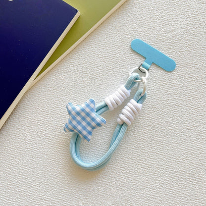 Blue Polka Dot & Gingham Star Wrist Strap, Cute Braided Phone Lanyard with T‑Shape Patch