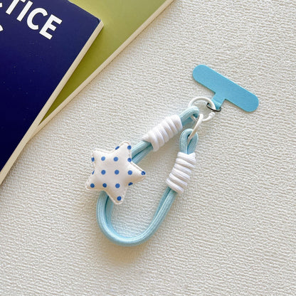 Blue Polka Dot & Gingham Star Wrist Strap, Cute Braided Phone Lanyard with T‑Shape Patch