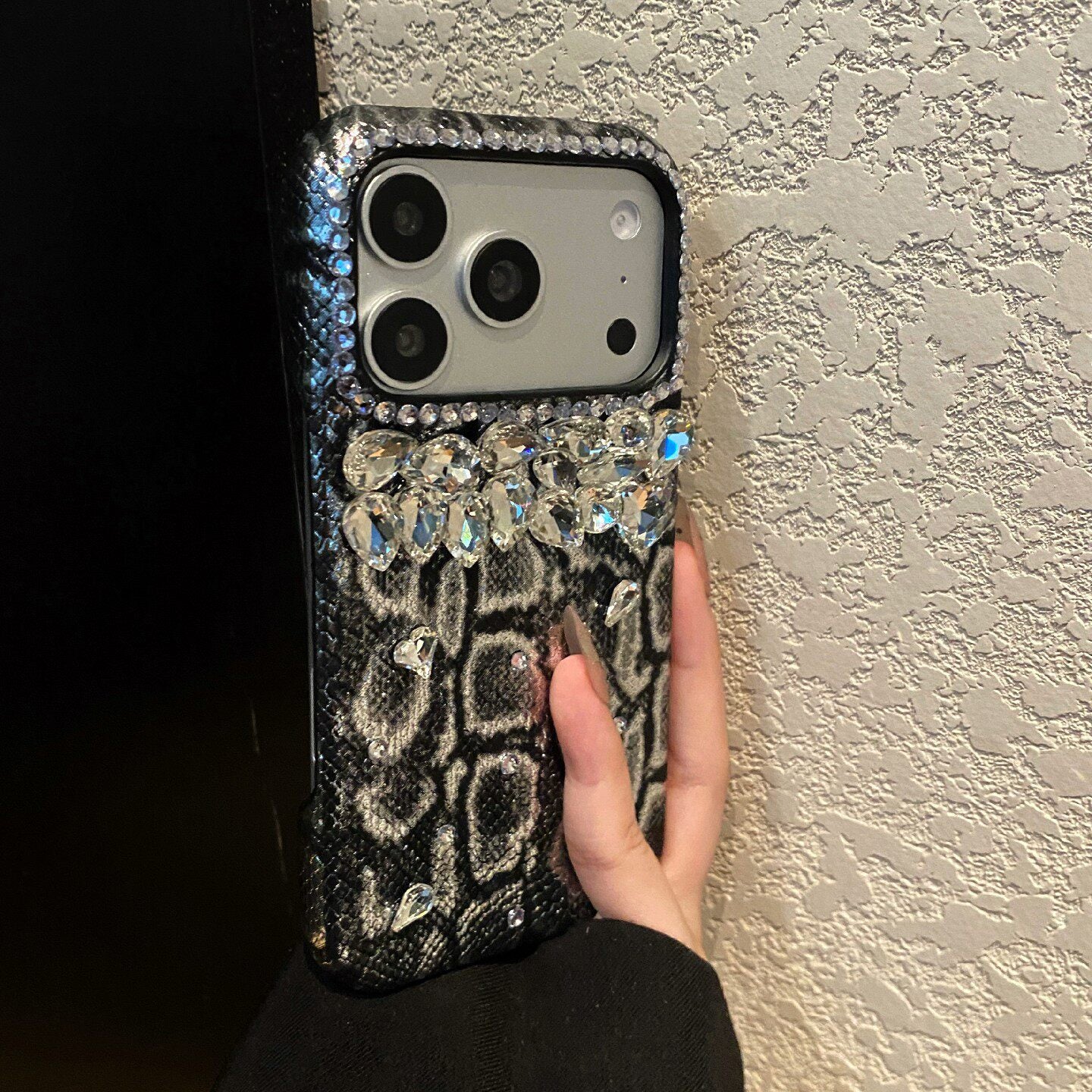 Snake‑Skin Rhinestone iPhone Case, Bling Diamond Embossed Protective Cover