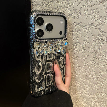 Snake‑Skin Rhinestone iPhone Case, Bling Diamond Embossed Protective Cover
